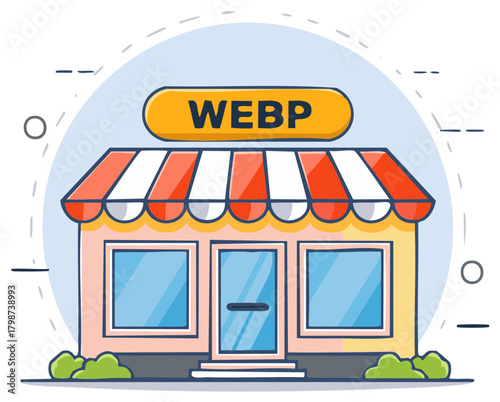 Cartoon store building featuring orange and white striped awning and the word WEBP for internet marketing use