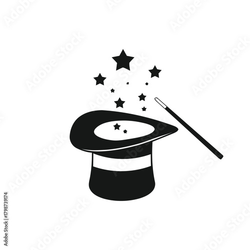 magic hat, top hat, magician, wizard, illusion, trick, performance, entertainment, show, stage, fantasy, stars, sparkle, wand, stick, power, mystery, iconic, graphic, illustration, design, black and w