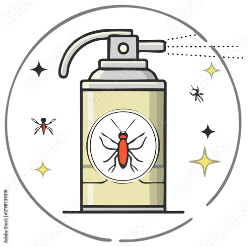 Insecticide Spray Can with Insect Illustration and Droplets, Repelling Insects with Spraying Action, Surrounded by Stars