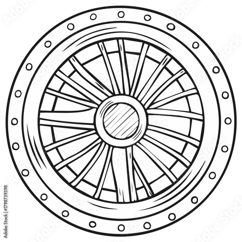 Vintage Spoked Wheel Illustration Outline Drawing with Rivets and Wooden Texture