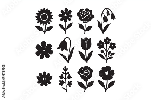 A collection of various black floral silhouettes displaying different flower types