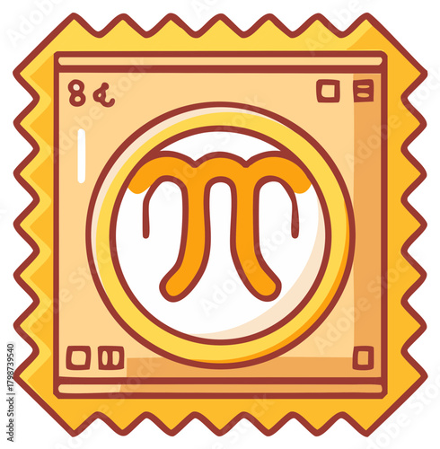 Stylized Pi Symbol on a Yellow Cartoon Postage Stamp Illustration