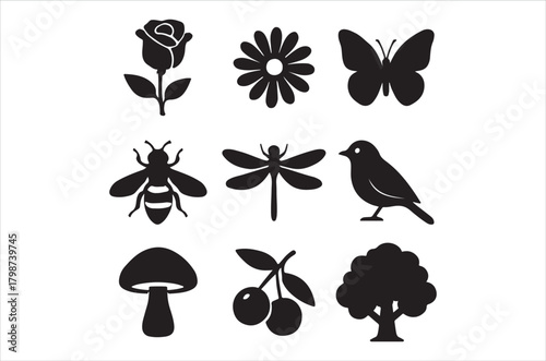 Simple black silhouettes depicting a rose daisy butterfly bee and other nature elements