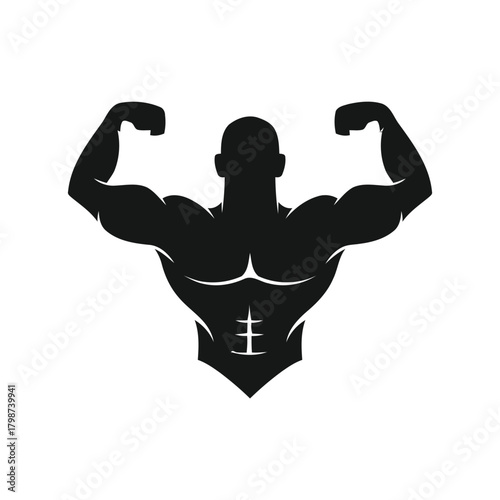 bodybuilder, silhouette, muscular, fitness, strength, muscle, flexing, biceps, chest, abs, strong, man, male, athletic, gym, workout, sport, black, white background, isolated, graphic, design element,