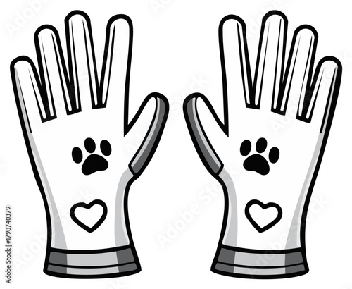 Cartoon illustration of pet grooming gloves with paw print and heart symbols
