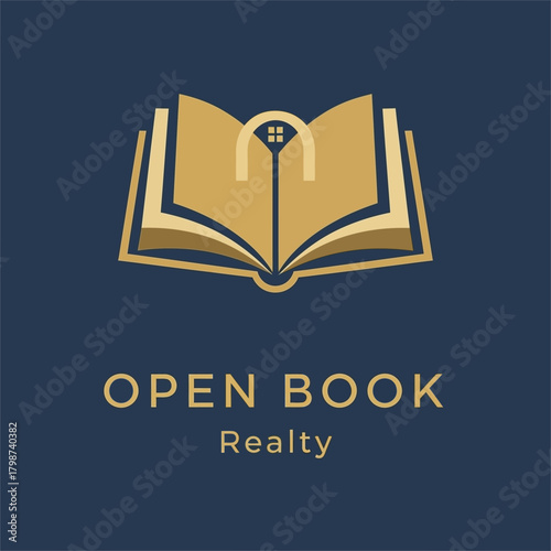 Open Book Realty Logo Design with House Key Symbol.