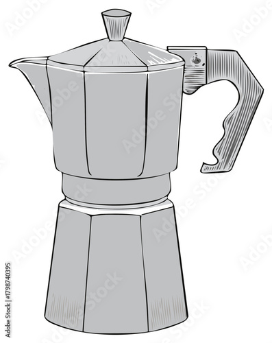 Stylized gray Moka pot with octagonal base, angled spout, and wood grain-style handle for traditional coffee brewing.