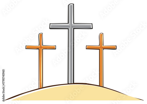 Three crosses on a hill a Christian symbol for Easter and Good Friday illustration