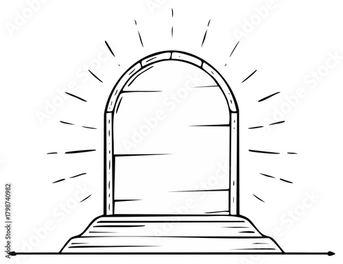 Hand drawn illustration of an arched doorway with rays emanating from top, vector sketch