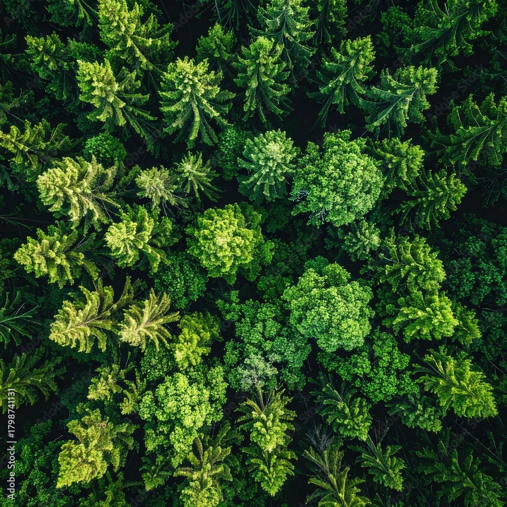 Fototapeta premium Dense forest canopy from above. Lush green trees