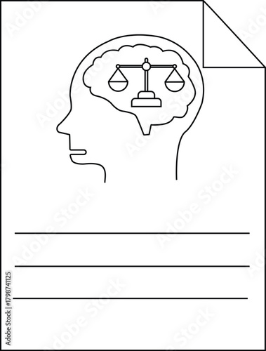 A head with a brain containing scales of justice on a page with lines below