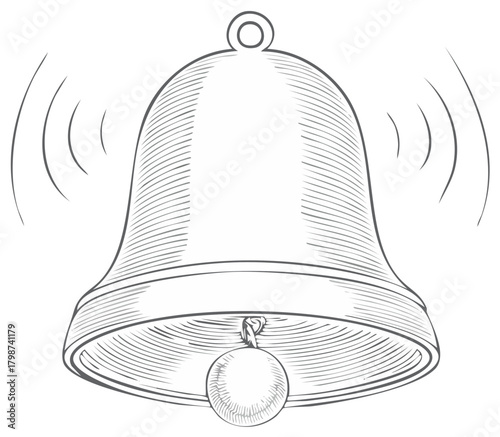 Classic bell ringing with visible sound waves in a vintage sketch style