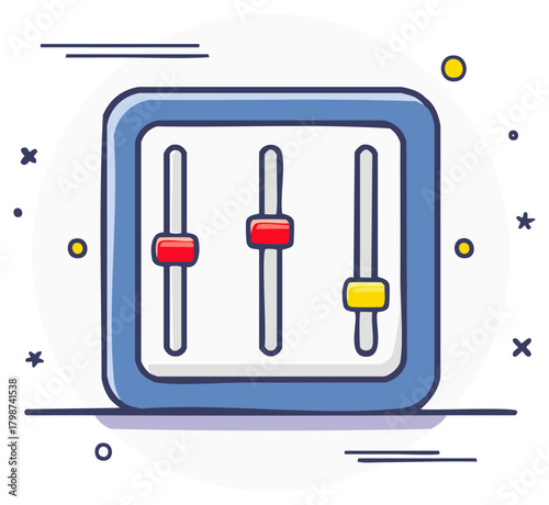 Doodle style settings icon with colorful adjustment sliders for a user interface control panel