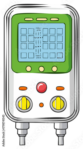 Hand drawn illustration of a vintage portable electronic device with a grid screen and colorful buttons