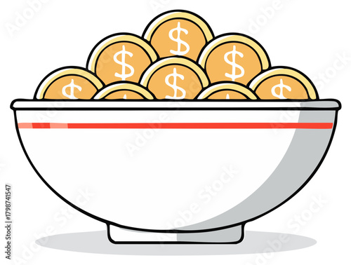 A bowl overflowing with gold dollar coins representing wealth, savings, and financial abundance.