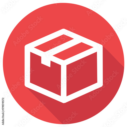Simple white shipping box icon on a red circular background with a long shadow