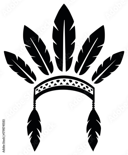 Native American Headdress Black Silhouette with Feathers and Beads Symbolic Cultural Headwear