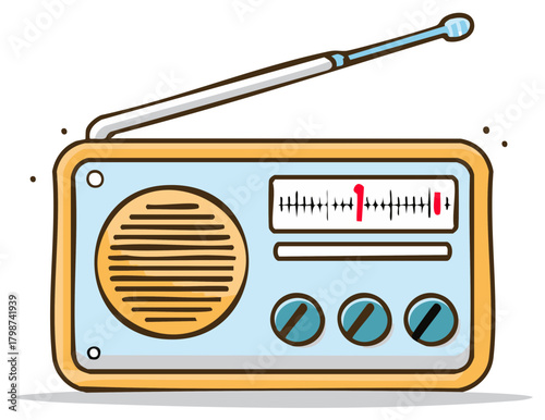Retro portable radio cartoon style, receiver with antenna, speaker grill and adjustment knobs, listening device, vintage media.