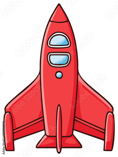 Retro red rocket ship with fins and windows ready for space exploration