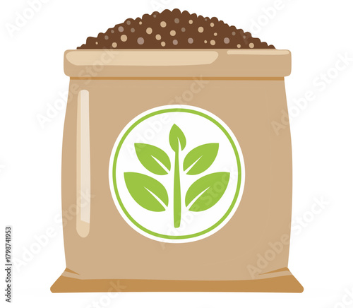 Sack of rich potting soil or organic compost for gardening with a green plant icon