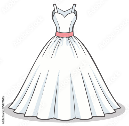 Elegant white bridal gown illustration featuring a sweetheart neckline and delicate pink waist sash.