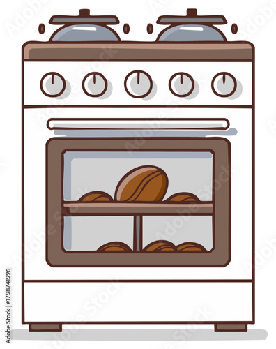 Roasted coffee beans in an oven illustration. Cooking or baking of coffee beans in a kitchen appliance.
