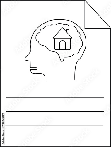 Black  white drawing of a head profile with a brain house lines and a document