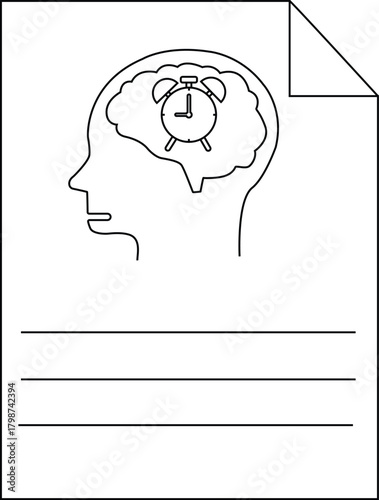 Blackandwhite line drawing of a head with an alarm clock in the brain and a sheet with lines below