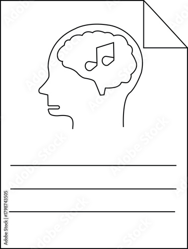 Line art of a profile head with a brain music note document and lines at the bottom