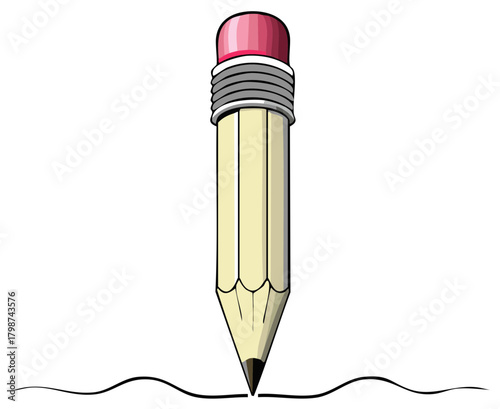 Yellow pencil with pink eraser drawing a wavy black line illustration graphic