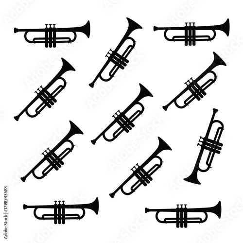 Seamless pattern of black trumpet silhouettes on white background