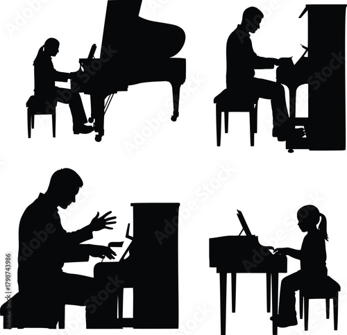 Piano Player Silhouette Set of Adults and Children Practicing and Performing