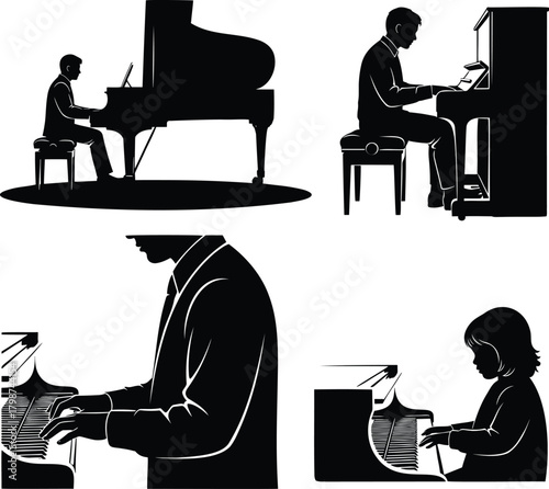 Silhouette Set of Piano Players Performing on Grand and Upright Pianos