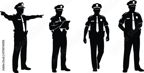 Police Officer Silhouette Set Standing Pointing Walking and Writing Notes