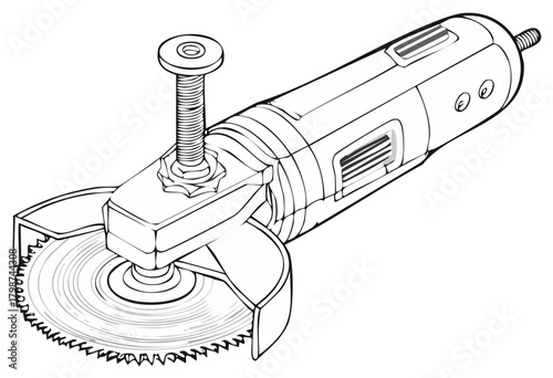 Line Art Illustration of an Electric Angle Grinder with Circular Saw Blade Power Tool