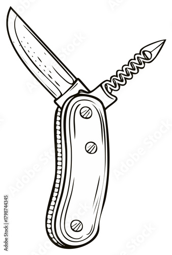 Hand drawn pocket knife with open blade and corkscrew illustration