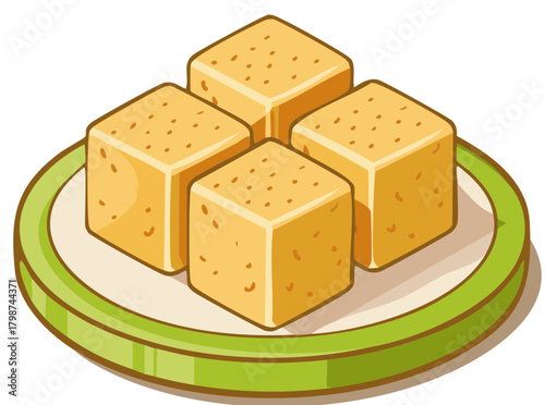 Four golden cubes of food on a simple plate with a green rim