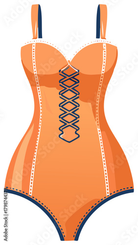 Orange Corset Style Swimsuit with Blue Lace Up Detail and Straps