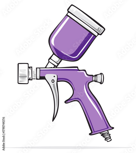 Cartoon illustration of a purple paint sprayer gun for automotive body work and painting