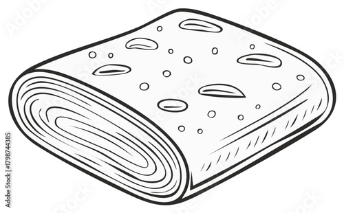 Hand drawn illustration of a rolled traditional flatbread with bubbles
