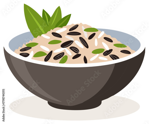 Bowl Filled with Mixed Wild Rice Featuring Long Grains and Green Leaf Garnish