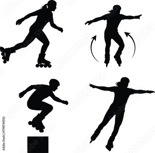 Roller Skater Silhouette Set Jumping Spinning and Gliding on Inline Skates