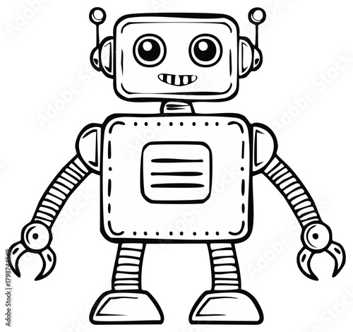 Illustration of a friendly cartoon robot in black and white with antenna and claws