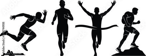 Runner Silhouette Set Sprinting Jogging Finishing Race and Hiking Uphill