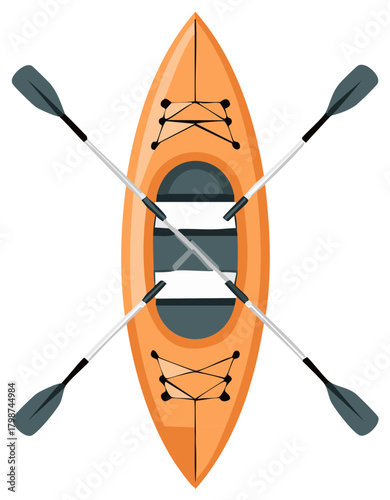 Overhead view of an orange kayak with crossed paddles ready for water adventure