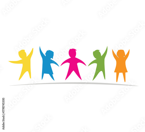 children, kids, people, diversity, celebration, joy, happiness, friendship, unity, group, colorful, figures, stick figures, abstract, vector, illustration, playful, energetic, arms raised, dancing, pl