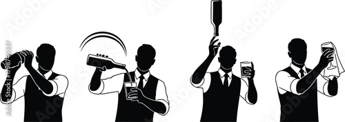 Bartender Silhouette Set Mixing and Pouring Cocktails in Various Bar Actions