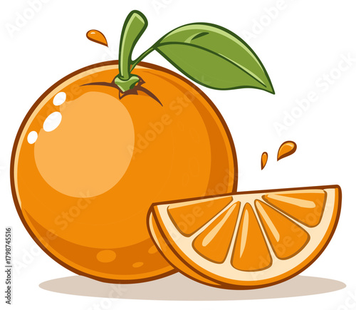 Cheerful Orange Fruit with Slice and Juice Drops Vector Illustration