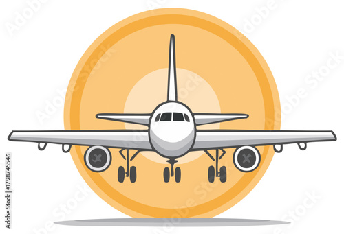 Commercial passenger jet on a runway with landing gear down, front view vector illustration