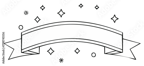 Blank ribbon banner surrounded by circles, stars, and diamonds in line art